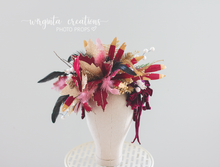 Load image into Gallery viewer, Large Handmade Crown | Cascading Style | Maternity Headpiece | Burgundy, Gold | Luxury Fashion Feather Headband