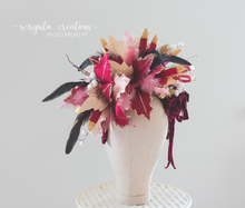 Load image into Gallery viewer, Large Handmade Crown | Cascading Style | Maternity Headpiece | Burgundy, Gold | Luxury Fashion Feather Headband