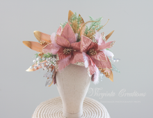 Load image into Gallery viewer, Large Handmade Crown | Cascading Style | Maternity Headpiece | Dusty Mauve, Gold | Luxury Fashion Feather Headband