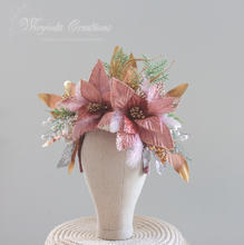 Load image into Gallery viewer, Large Handmade Crown | Cascading Style | Maternity Headpiece | Dusty Mauve, Gold | Luxury Fashion Feather Headband
