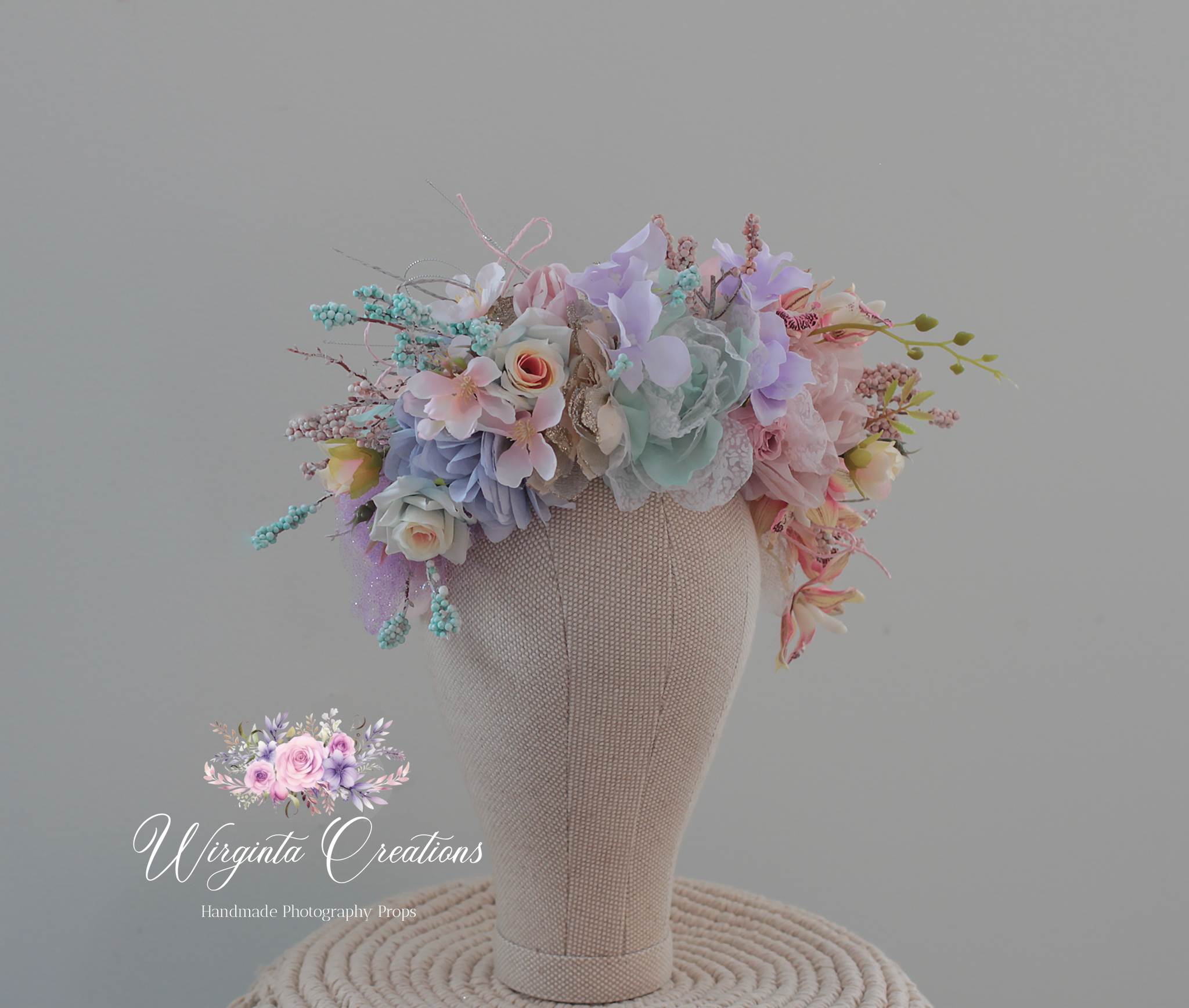 Large headpiece decorated with artificial flowers for adult