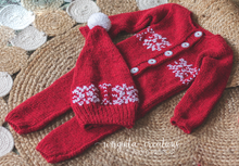 Load image into Gallery viewer, Red Embroidered Design Hat and Matching Footless Romper Set | Non-Fuzzy Yarn | Two sizes available: 12 Months old and 24 months old