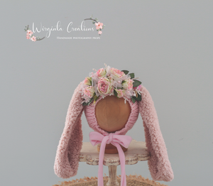 Pink Bunny Bonnet for 6-12 Months Old | Decorated with Artificial Flowers and Bits | Handmade | Photography Prop