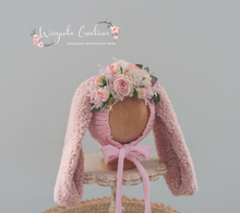 Load image into Gallery viewer, Pink Bunny Bonnet for 6-12 Months Old | Decorated with Artificial Flowers and Bits | Handmade | Photography Prop