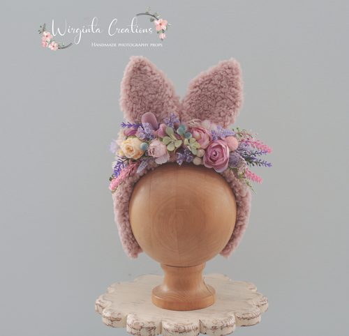 Alpaca Yarn Bunny Bonnet | Hand-Knitted | Grey-Blue | Floppy Ears | Easter | Sizes available: 6-12 months old and 12-24 months old
