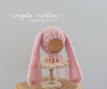 Load image into Gallery viewer, Alpaca Yarn Bunny Bonnet | Hand-Knitted | Pink | Floppy Ears | Easter | Sizes available: 6-12 months old and 12-24 months old