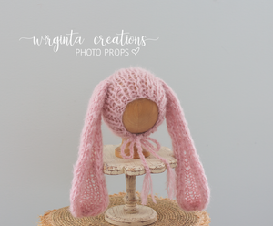 Alpaca Yarn Bunny Bonnet | Hand-Knitted | Pink | Floppy Ears | Easter | Sizes available: 6-12 months old and 12-24 months old