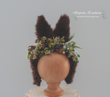 Load image into Gallery viewer, Faux fur bunny ears, brown, decorated with artificial berries, photography prop, headpiece