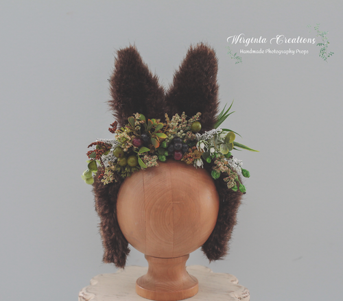 Faux fur bunny ears, brown, decorated with artificial berries, photography prop, headpiece