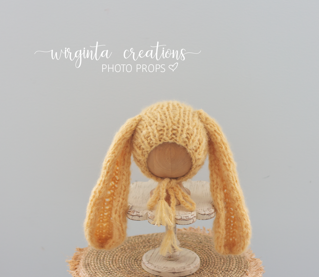 Alpaca Yarn Bunny Bonnet | Hand-Knitted | Yellow | Floppy Ears | Easter | Sizes available: 6-12 months old and 12-24 months old