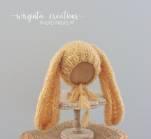 Load image into Gallery viewer, Alpaca Yarn Bunny Bonnet | Hand-Knitted | Yellow | Floppy Ears | Easter | Sizes available: 6-12 months old and 12-24 months old