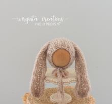 Load image into Gallery viewer, Alpaca Yarn Bunny Bonnet | Hand-Knitted | Camel Brown | Floppy Ears | Easter | Sizes available: 6-12 months old and 12-24 months old