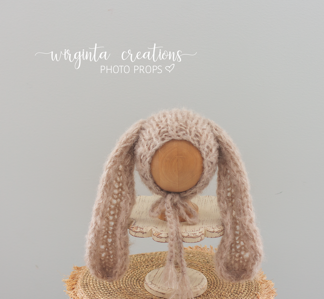 Alpaca Yarn Bunny Bonnet | Hand-Knitted | Camel Brown | Floppy Ears | Easter | Sizes available: 6-12 months old and 12-24 months old