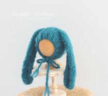 Load image into Gallery viewer, Alpaca Yarn Bunny Bonnet | Hand-Knitted | Turquoise | Floppy Ears | Easter | Sizes available: 6-12 months old and 12-24 months old
