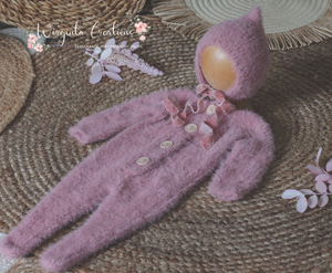Blush Mauve Knitted Newborn Footed Romper with Matching Bonnet - Photo Prop