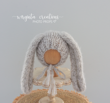 Load image into Gallery viewer, Alpaca Yarn Bunny Bonnet | Hand-Knitted | Grey | Floppy Ears | Easter | Sizes available: 6-12 months old and 12-24 months old
