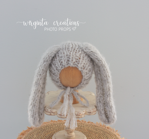 Alpaca Yarn Bunny Bonnet | Hand-Knitted | Grey | Floppy Ears | Easter | Sizes available: 6-12 months old and 12-24 months old