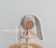 Load image into Gallery viewer, Alpaca Yarn Bunny Bonnet | Hand-Knitted | Grey | Floppy Ears | Easter | Sizes available: 6-12 months old and 12-24 months old