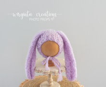 Load image into Gallery viewer, Alpaca Yarn Bunny Bonnet | Hand-Knitted | Purple | Floppy Ears | Easter | Sizes available: 6-12 months old and 12-24 months old