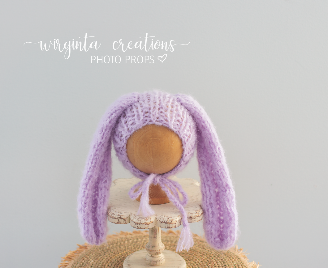 Alpaca Yarn Bunny Bonnet | Hand-Knitted | Purple | Floppy Ears | Easter | Sizes available: 6-12 months old and 12-24 months old