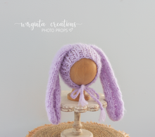 Load image into Gallery viewer, Alpaca Yarn Bunny Bonnet | Hand-Knitted | Purple | Floppy Ears | Easter | Sizes available: 6-12 months old and 12-24 months old