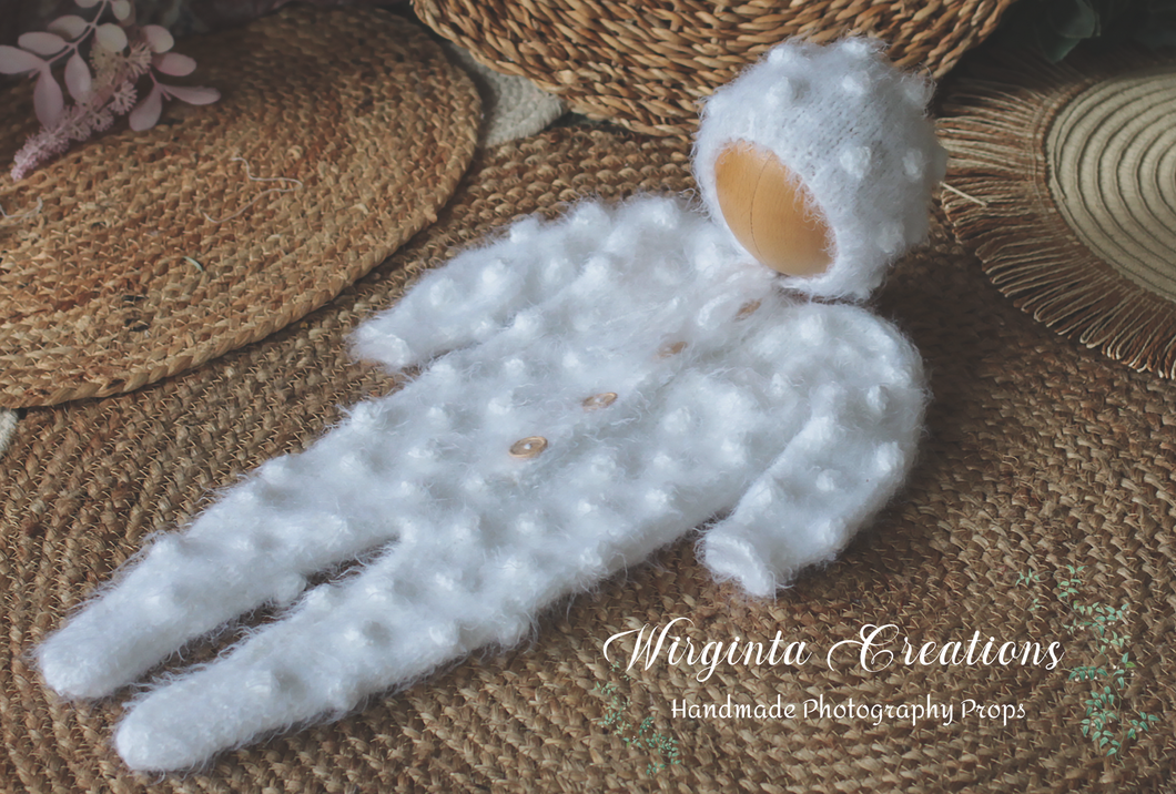 White Bubbly-Knit Newborn Footed Outfit with Matching Bonnet - Photo Prop