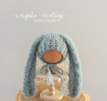 Load image into Gallery viewer, Alpaca Yarn Bunny Bonnet | Hand-Knitted | Pale Mint | Floppy Ears | Easter | Sizes available: 6-12 months old and 12-24 months old