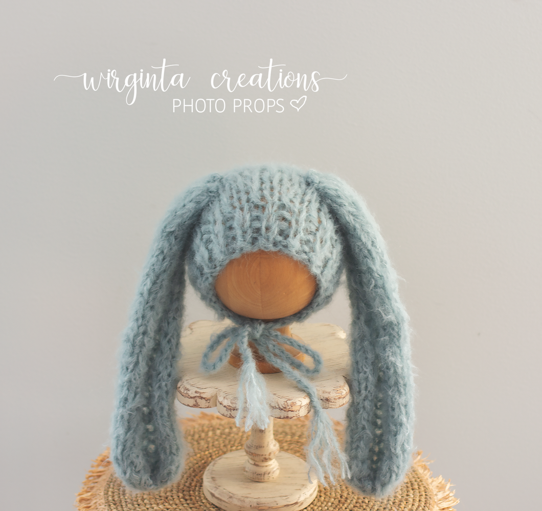 Alpaca Yarn Bunny Bonnet | Hand-Knitted | Pale Mint | Floppy Ears | Easter | Sizes available: 6-12 months old and 12-24 months old