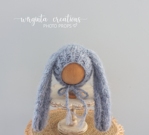 Alpaca Yarn Bunny Bonnet | Hand-Knitted | Grey-Blue | Floppy Ears | Easter | Sizes available: 6-12 months old and 12-24 months old