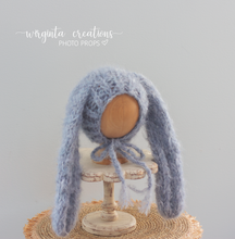 Load image into Gallery viewer, Alpaca Yarn Bunny Bonnet | Hand-Knitted | Grey-Blue | Floppy Ears | Easter | Sizes available: 6-12 months old and 12-24 months old