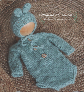 Mint Knitted Newborn Bunny Outfit with Matching Bonnet - Photo Prop
