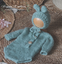 Load image into Gallery viewer, Mint Knitted Newborn Bunny Outfit with Matching Bonnet - Photo Prop