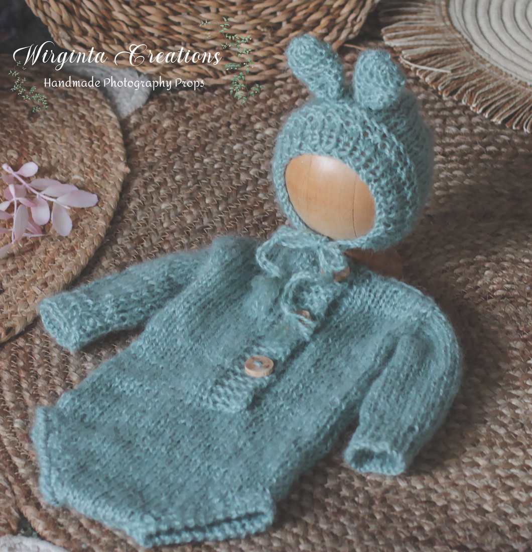 Mint Knitted Newborn Bunny Outfit with Matching Bonnet - Photo Prop