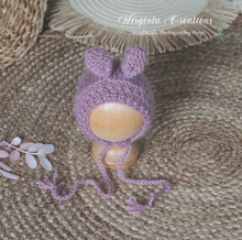 Load image into Gallery viewer, Plum Colour Knitted Newborn Bunny Outfit with Matching Bonnet - Photo Prop