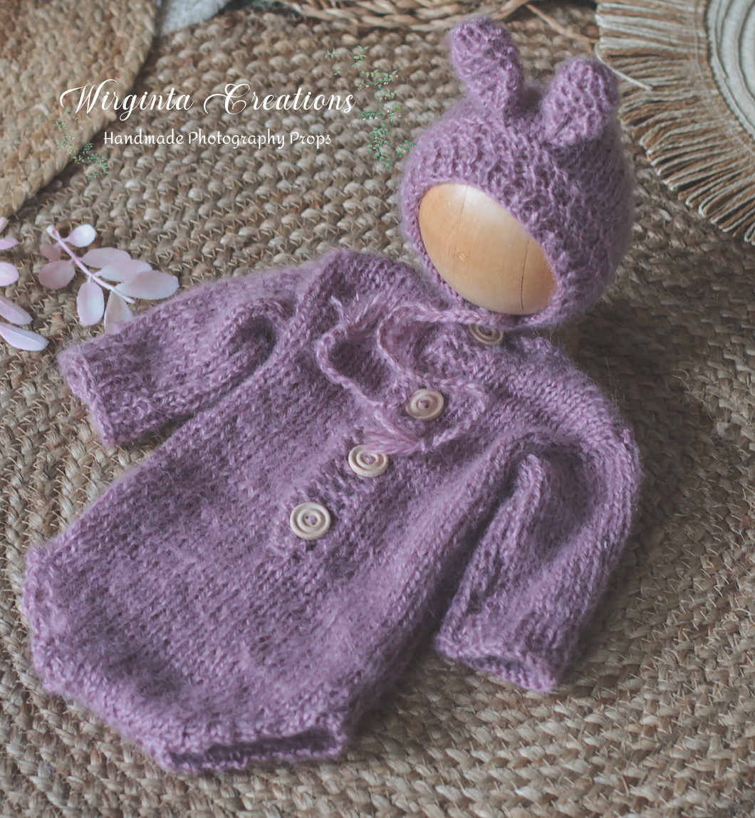 Plum Colour Knitted Newborn Bunny Outfit with Matching Bonnet - Photo Prop