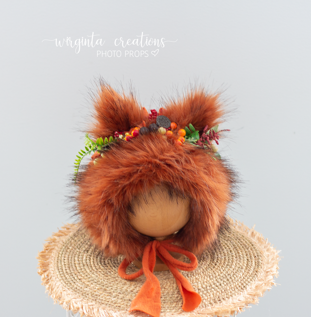 Tattered/Ruffle Style Baby Fox Bonnet | Burnt Orange | Decorated with Artificial Flowers and Bits | 12-24 Months | Photo Prop | Woodlands