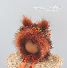 Load image into Gallery viewer, Tattered/Ruffle Style Baby Fox Bonnet | Burnt Orange | Decorated with Artificial Flowers and Bits | 12-24 Months | Photo Prop | Woodlands