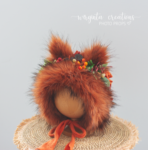 Tattered/Ruffle Style Baby Fox Bonnet | Burnt Orange | Decorated with Artificial Flowers and Bits | 12-24 Months | Photo Prop | Woodlands