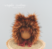 Load image into Gallery viewer, Tattered/Ruffle Style Baby Fox Bonnet | Burnt Orange | 12-24 Months | Photo Prop | Woodlands