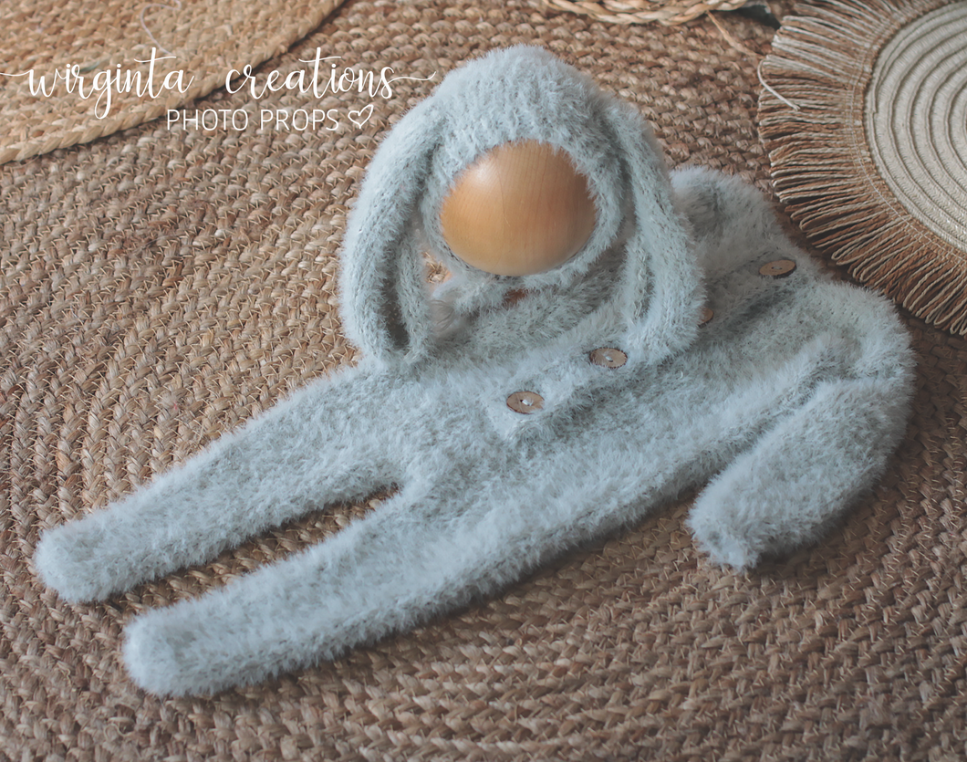 Luxurious Hand-Knitted Newborn Bunny Romper Set in Elegant Grey: Footed Design, Floppy Ears, and Coordinating Bonnet