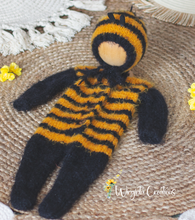 Load image into Gallery viewer, Newborn Bee Outfit with Matching Bonnet - Soft, Fuzzy Yarn Photography Prop