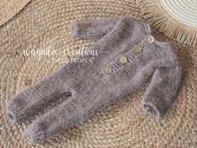 Load image into Gallery viewer, Brown Knitted Newborn Footless Romper with Matching Bonnet | Photo Prop | Non-Fuzzy Yarn | Reay to Send