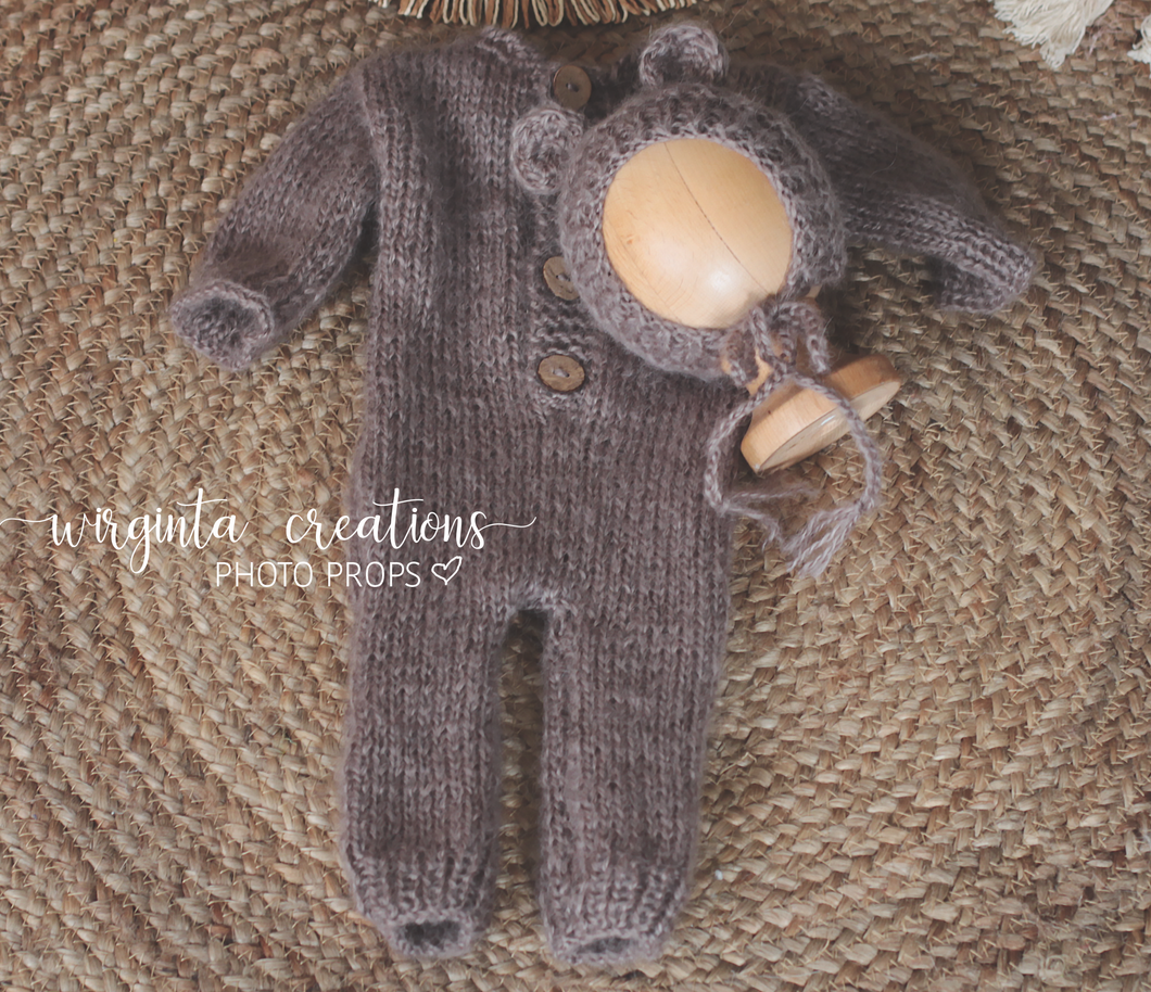 Brown Knitted Newborn Footless Romper with Matching Bonnet | Photo Prop | Non-Fuzzy Yarn | Reay to Send