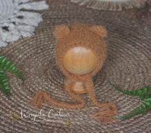 Load image into Gallery viewer, Light Brown Knitted Newborn Outfit with Matching Bonnet | Photo Prop | Fuzzy Yarn | Reay to Send