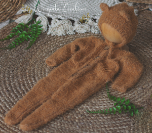 Light Brown Knitted Newborn Outfit with Matching Bonnet | Photo Prop | Fuzzy Yarn | Reay to Send