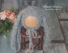 Load image into Gallery viewer, Bunny Bonnet | Hand-Knitted, Alpaca Yarn | Grey Colour | Floppy Ears | Easter | Size available: 12-24 months old