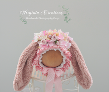 Load image into Gallery viewer, Pink Bunny Bonnet for 12-24 Months Old | Decorated with Artificial Flowers and Bits | Handmade | Photography Prop