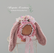 Load image into Gallery viewer, Pink Bunny Bonnet for 12-24 Months Old | Decorated with Artificial Flowers and Bits | Handmade | Photography Prop