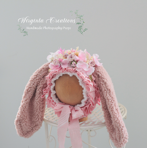 Pink Bunny Bonnet for 12-24 Months Old | Decorated with Artificial Flowers and Bits | Handmade | Photography Prop