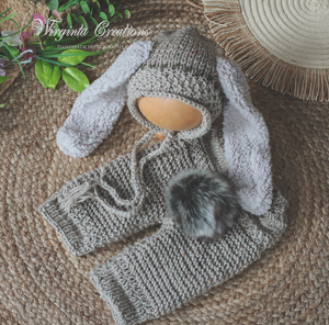 Knitted Bunny Bonnet and Matching Shorts for 6-12 Months Old | Grey-Blush Brown Colour | Photography Outfit
